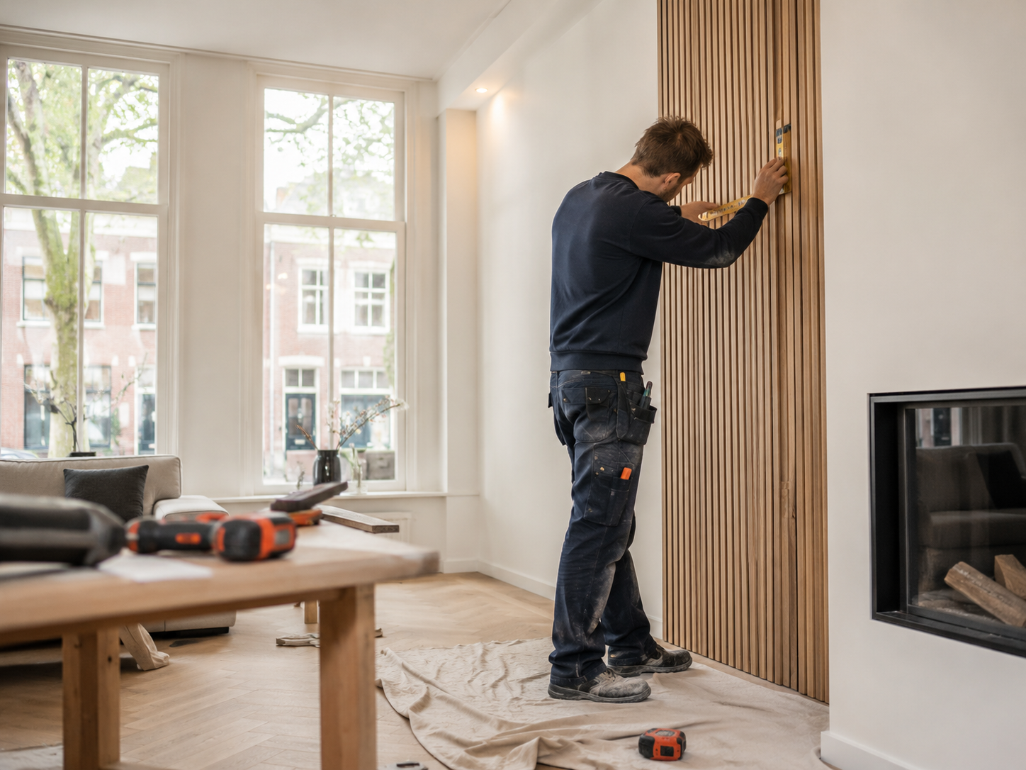 Vakman werkt zorgvuldig aan een houten wand in een woning